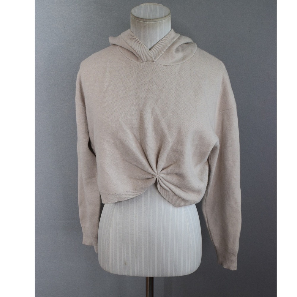 Anthropologie Gemini Hoodie XS Beige Front Twist Knot Cropped Knit Sweater